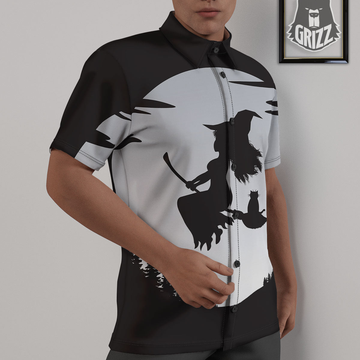 Flying Witch Cat Halloween Print Untucked Shirts-grizzshop