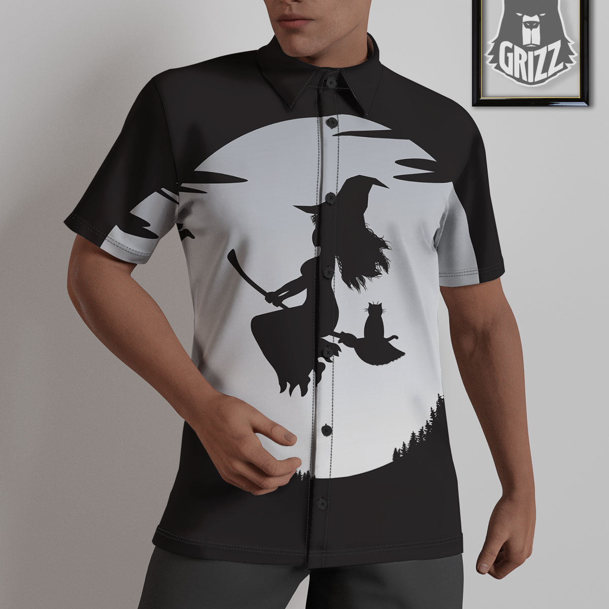 Flying Witch Cat Halloween Print Untucked Shirts-grizzshop