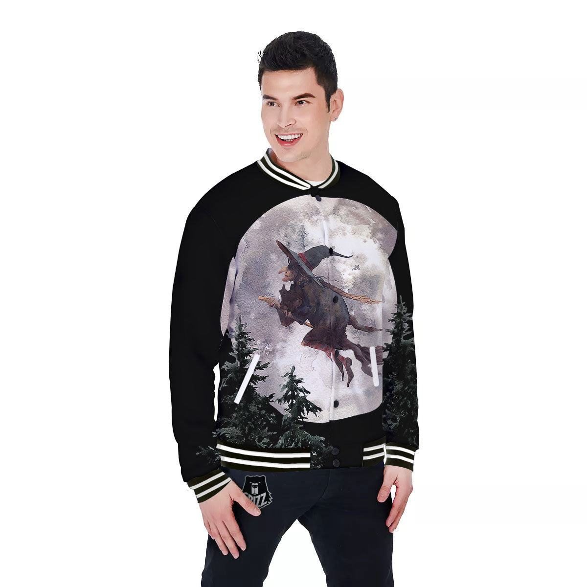 Flying Witch Halloween Full Moon Print Baseball Jacket-grizzshop