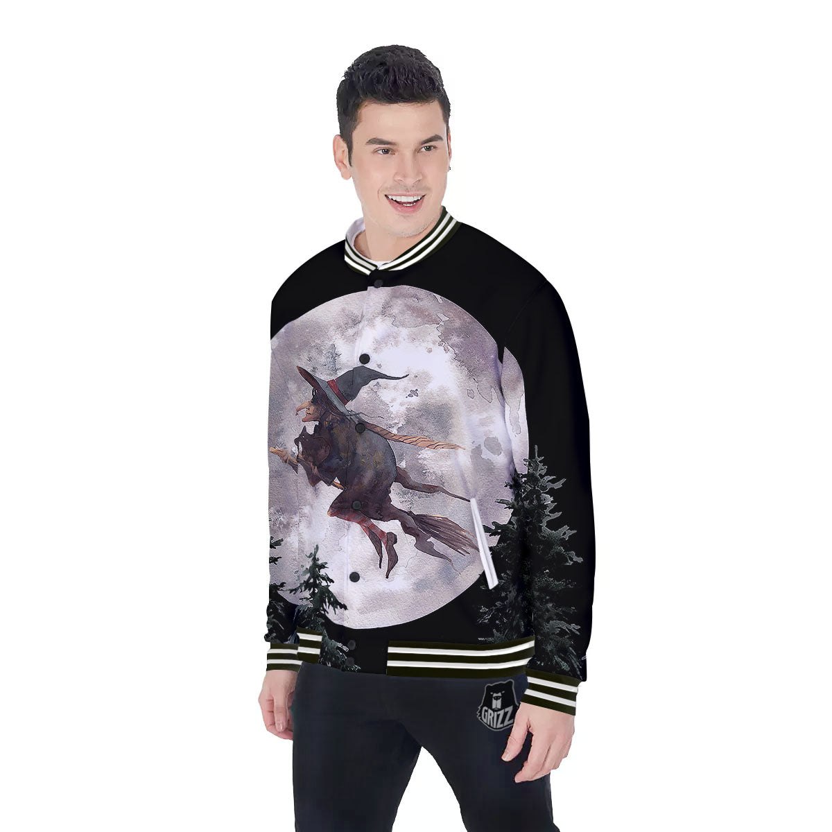 Flying Witch Halloween Full Moon Print Baseball Jacket-grizzshop