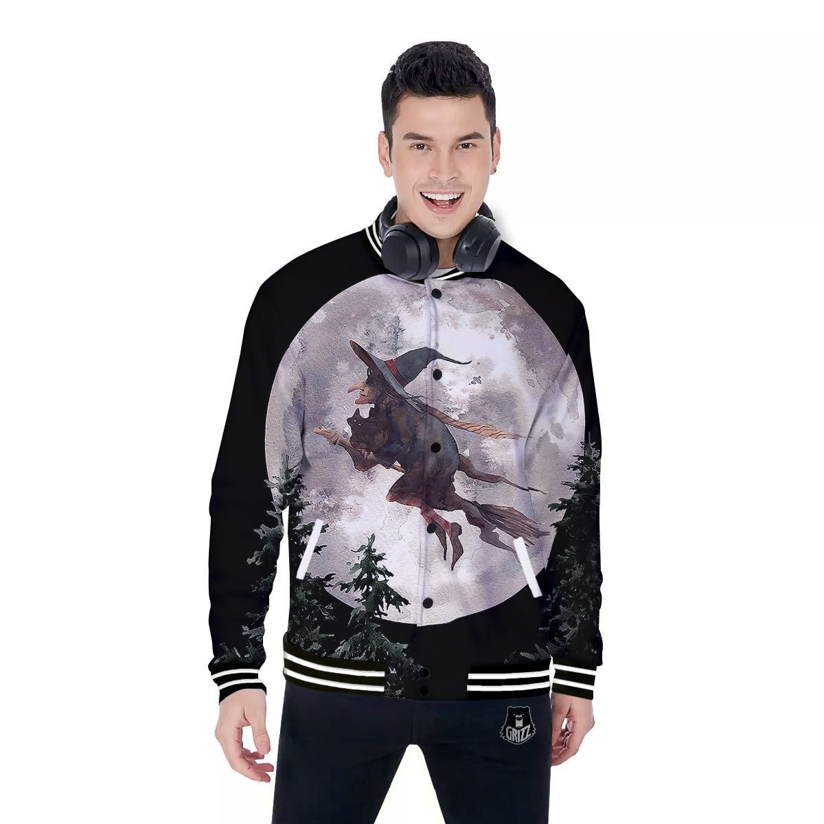 Flying Witch Halloween Full Moon Print Baseball Jacket-grizzshop
