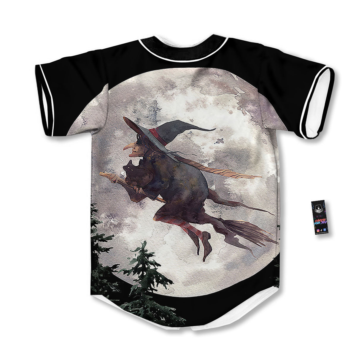 Flying Witch Halloween Full Moon Print Baseball Jersey-grizzshop