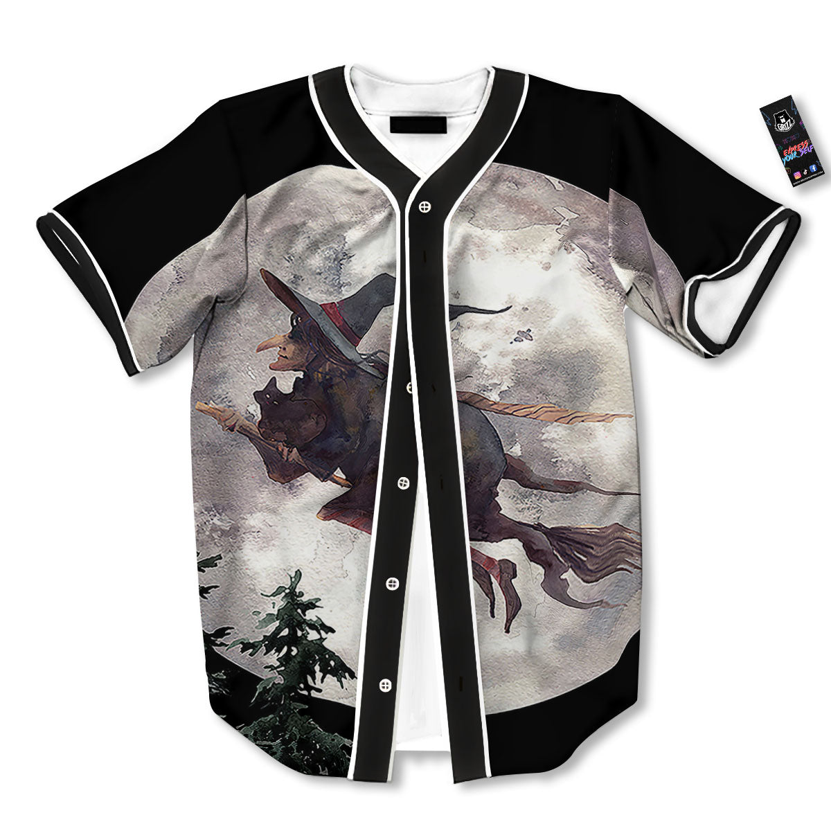 Flying Witch Halloween Full Moon Print Baseball Jersey-grizzshop