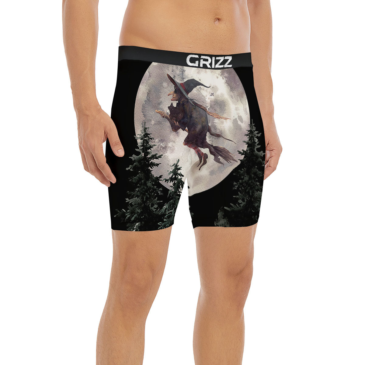 Flying Witch Halloween Full Moon Print Boxer Briefs-grizzshop