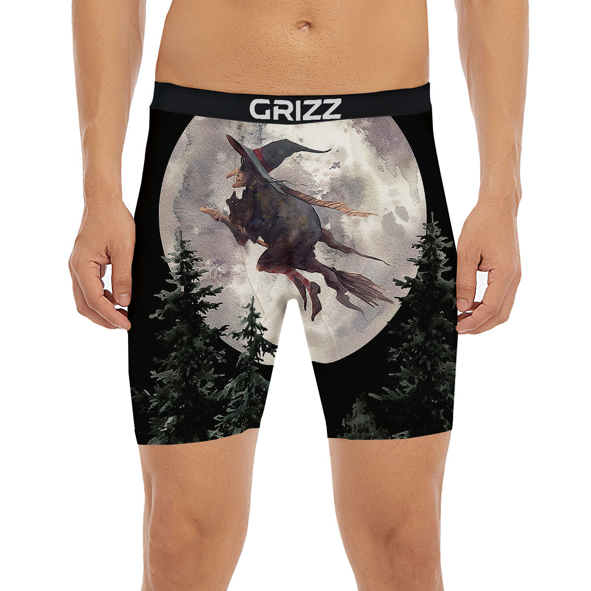 Flying Witch Halloween Full Moon Print Boxer Briefs-grizzshop