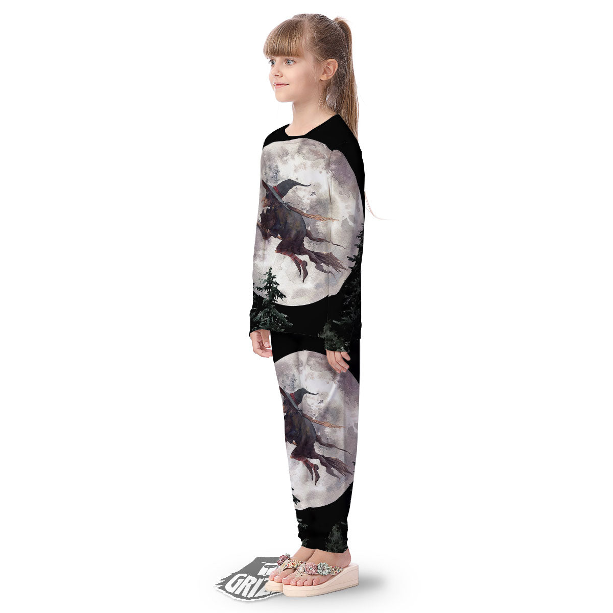 Flying Witch Halloween Full Moon Print Kid's Pajamas-grizzshop