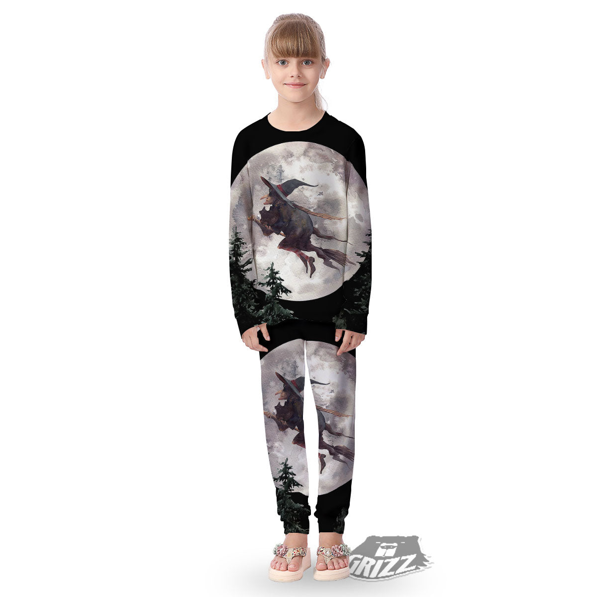 Flying Witch Halloween Full Moon Print Kid's Pajamas-grizzshop