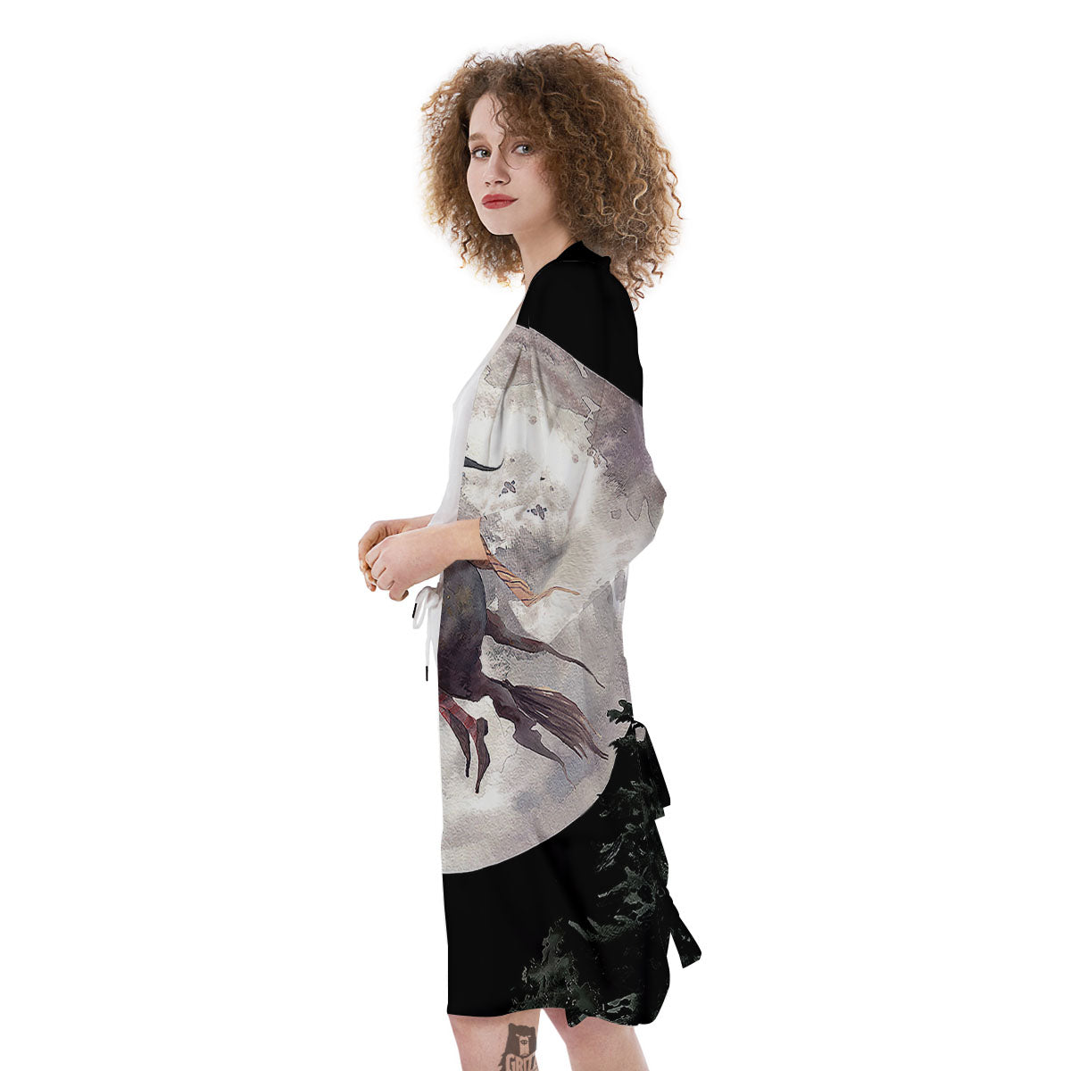 Flying Witch Halloween Full Moon Print Kimono-grizzshop