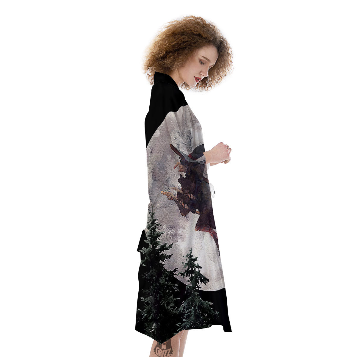Flying Witch Halloween Full Moon Print Kimono-grizzshop