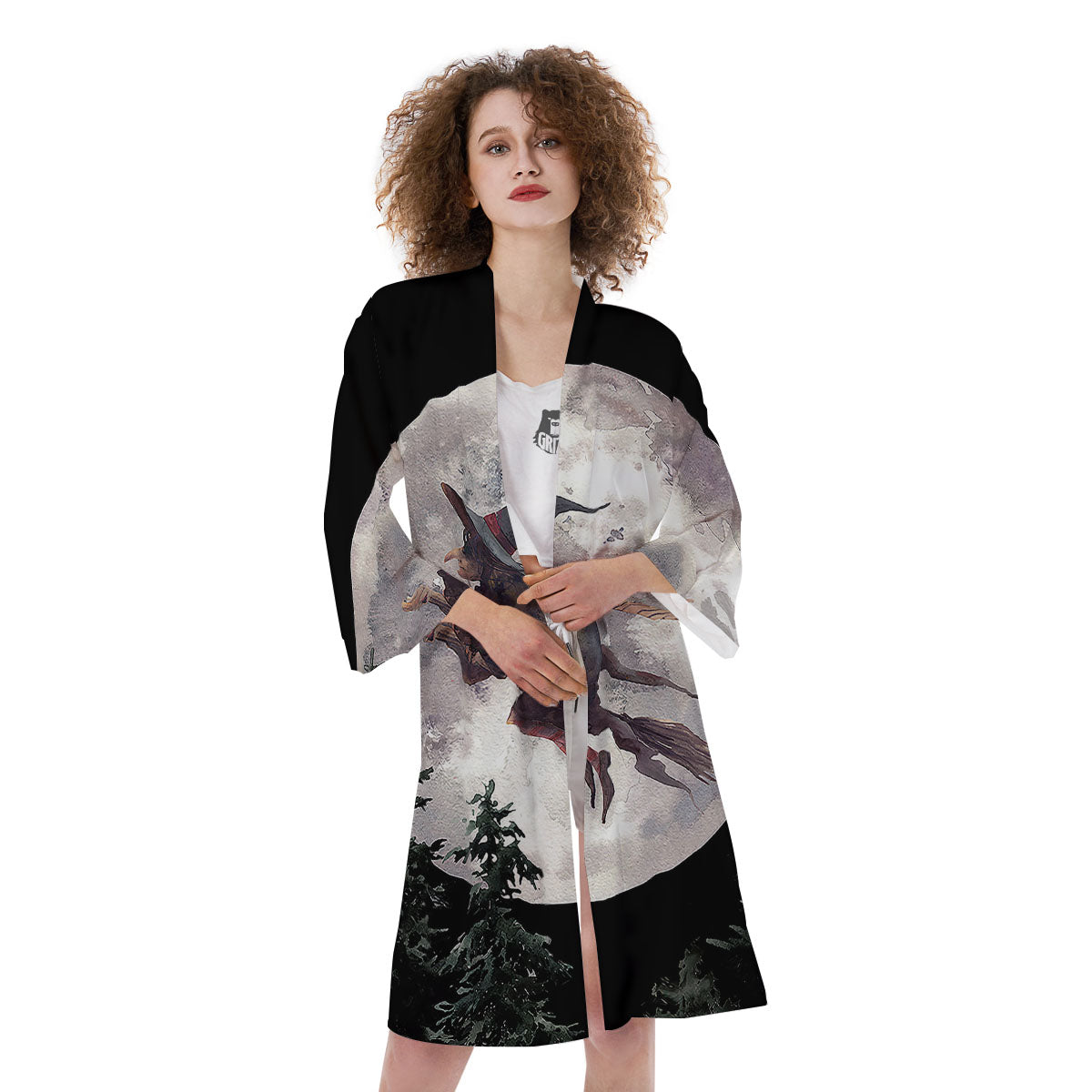 Flying Witch Halloween Full Moon Print Kimono-grizzshop