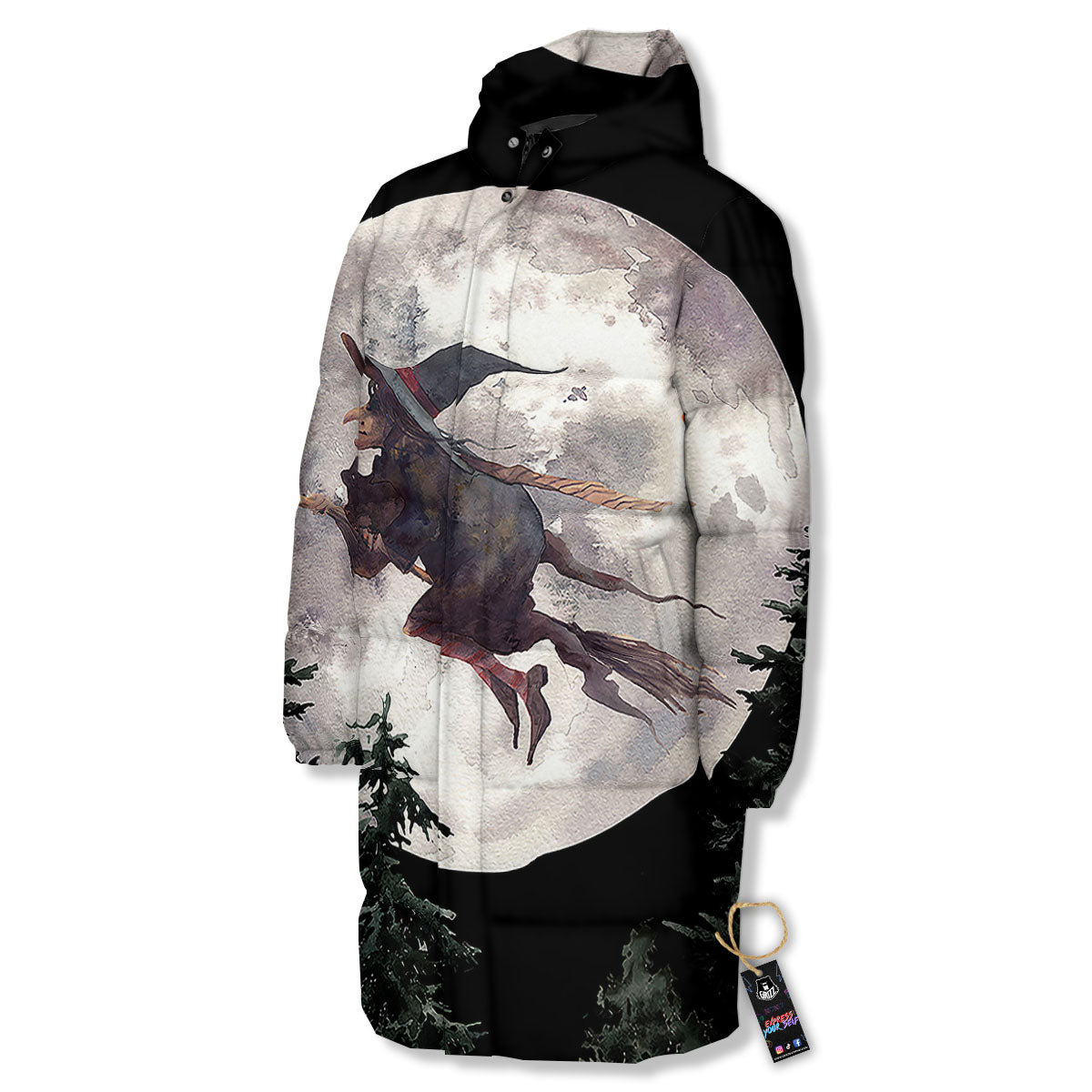 Flying Witch Halloween Full Moon Print Long Down Jacket-grizzshop
