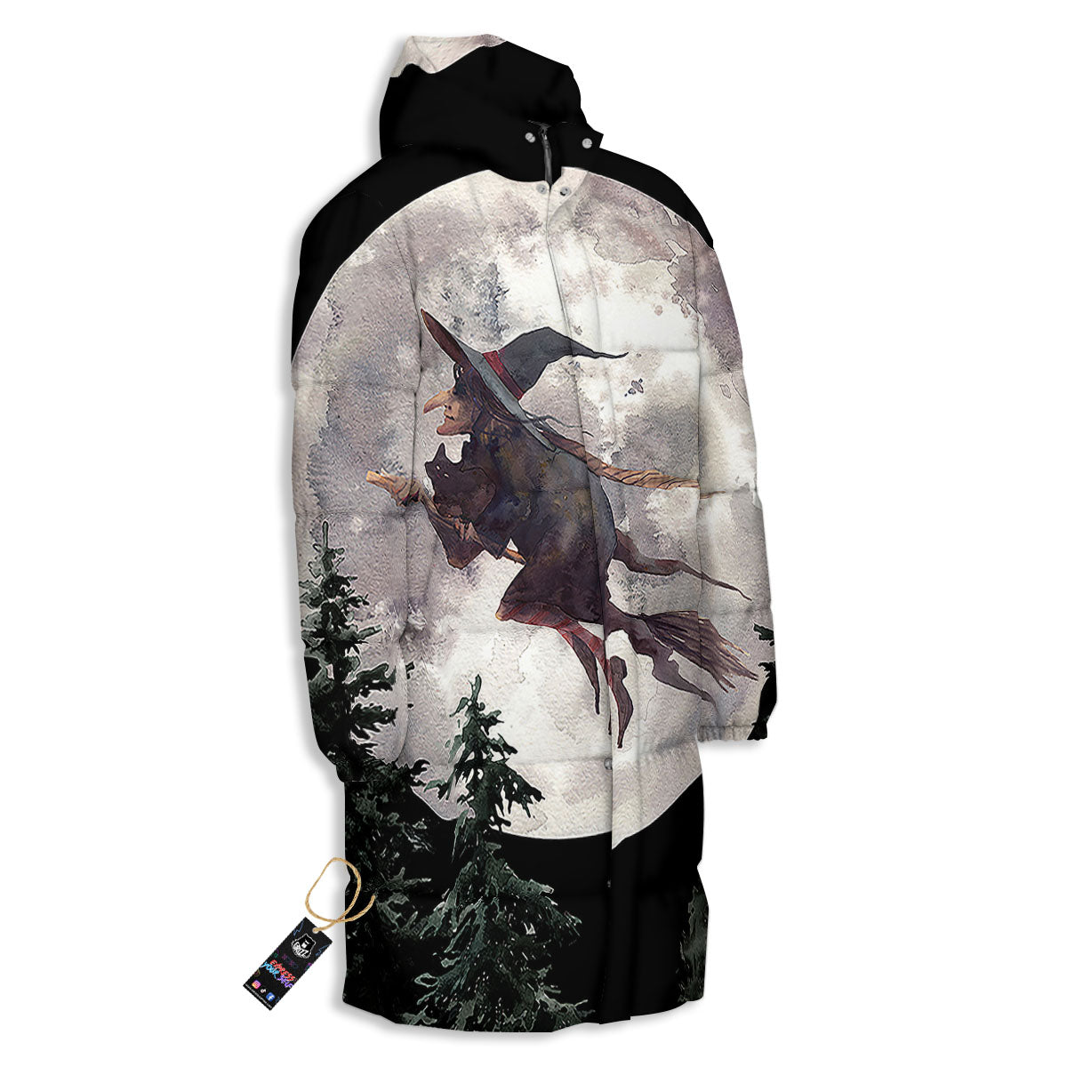 Flying Witch Halloween Full Moon Print Long Down Jacket-grizzshop