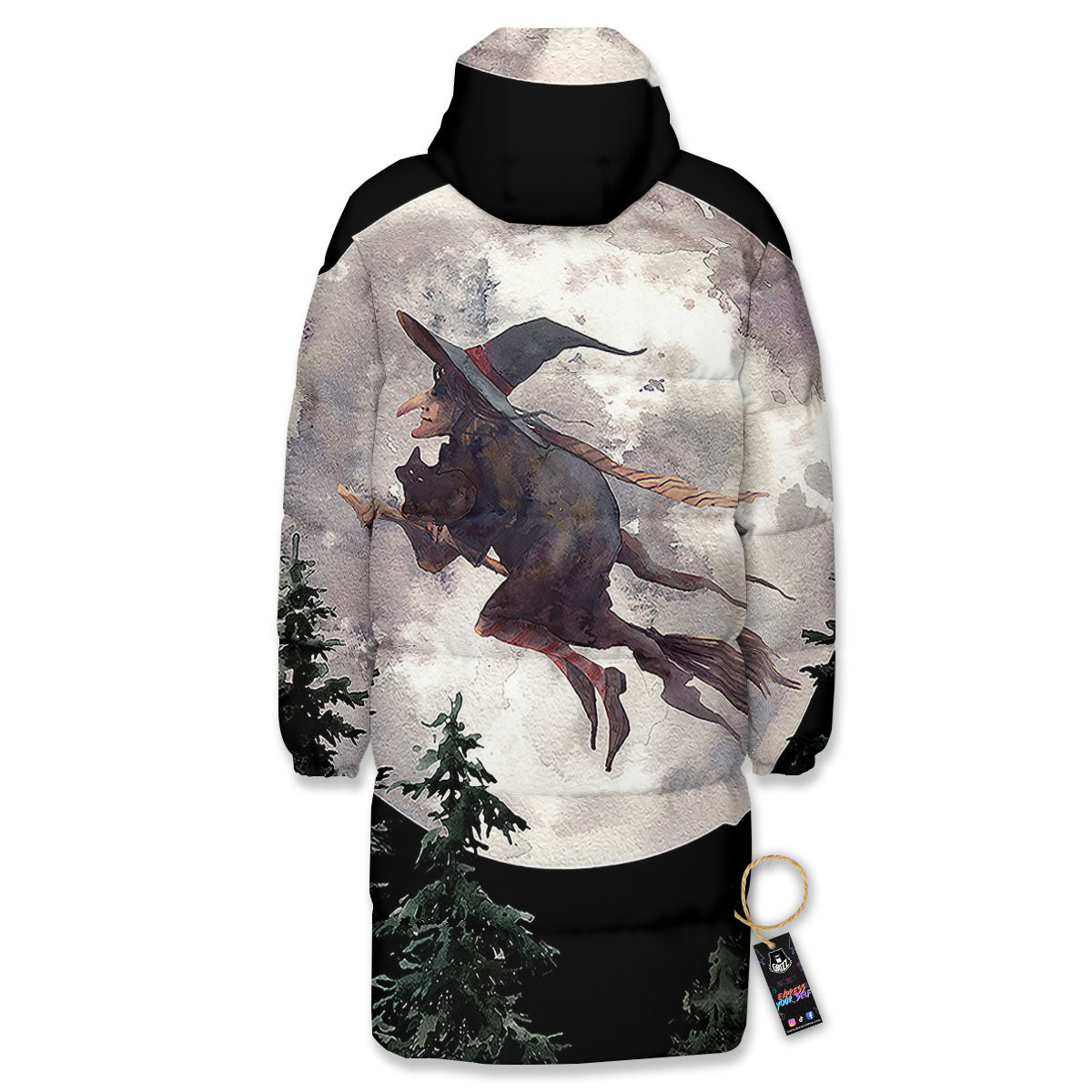 Flying Witch Halloween Full Moon Print Long Down Jacket-grizzshop