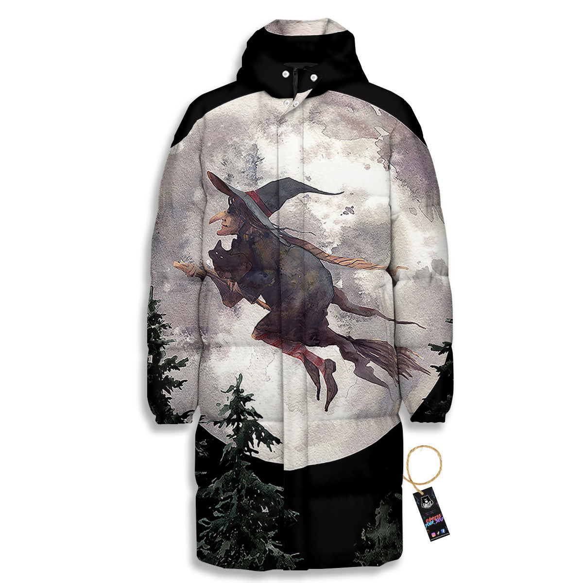 Flying Witch Halloween Full Moon Print Long Down Jacket-grizzshop