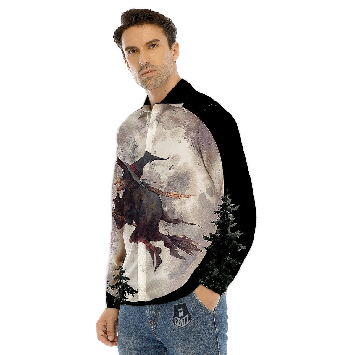 Flying Witch Halloween Full Moon Print Men's Dress Shirts-grizzshop