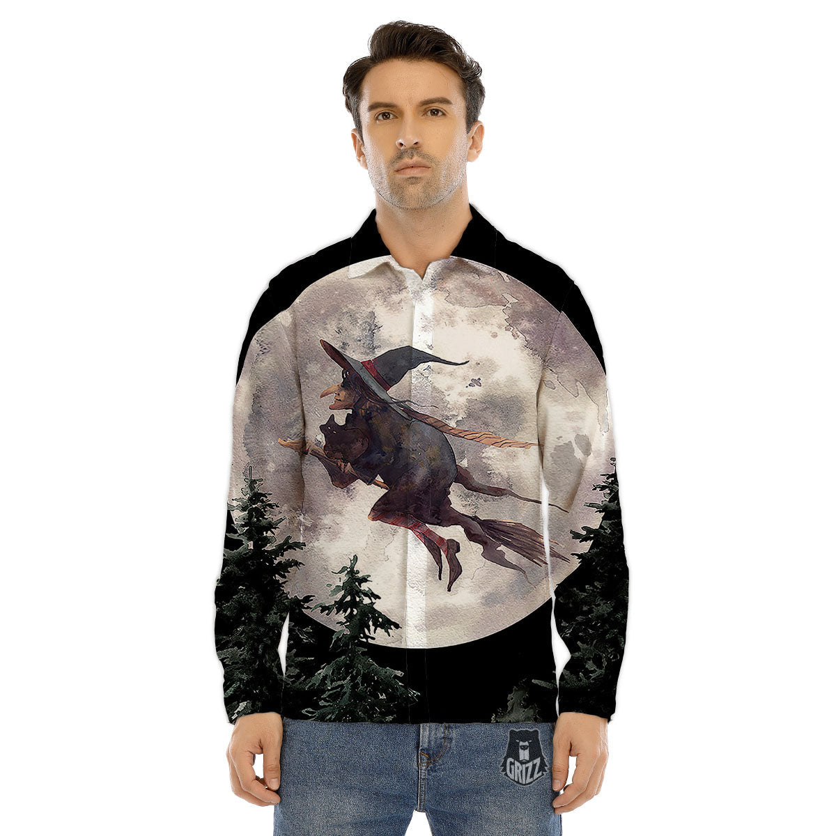 Flying Witch Halloween Full Moon Print Men's Dress Shirts-grizzshop