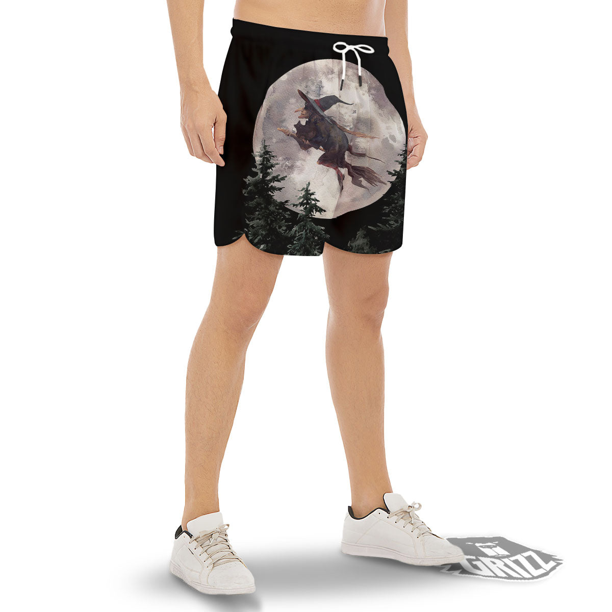 Flying Witch Halloween Full Moon Print Men's Gym Shorts-grizzshop