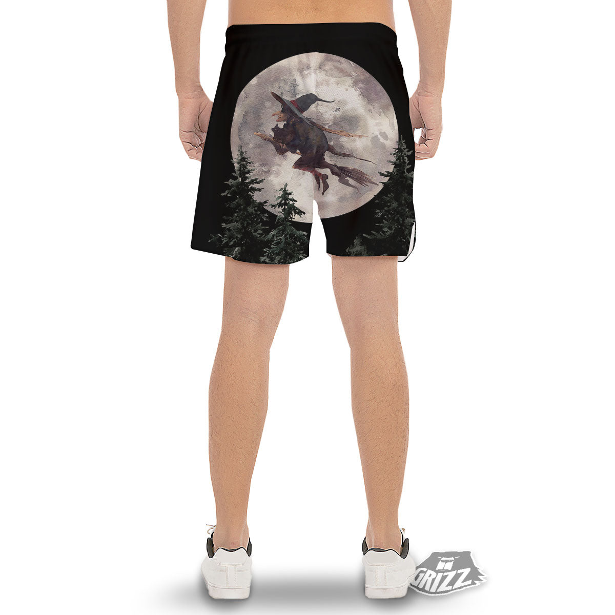 Flying Witch Halloween Full Moon Print Men's Gym Shorts-grizzshop