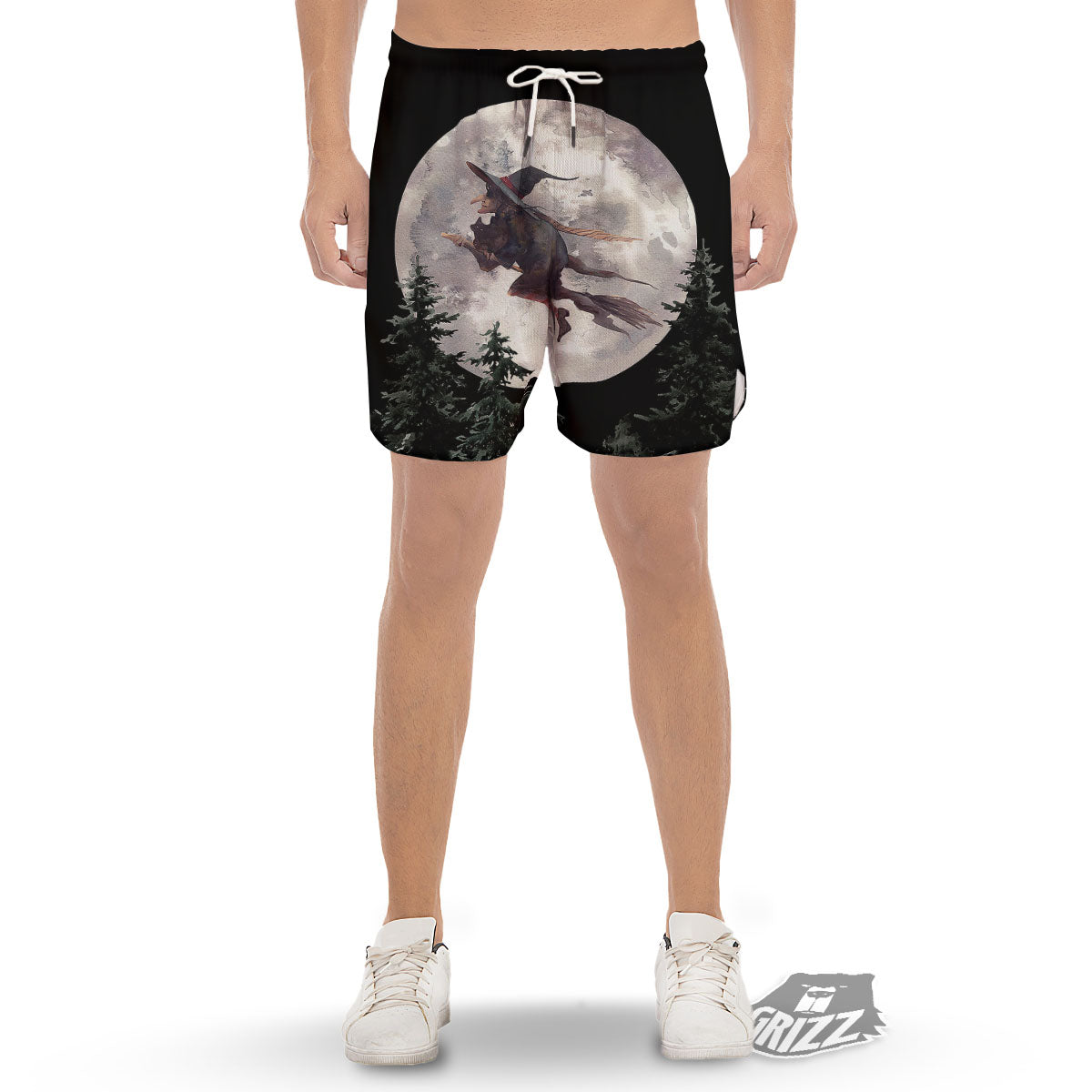 Flying Witch Halloween Full Moon Print Men's Gym Shorts-grizzshop