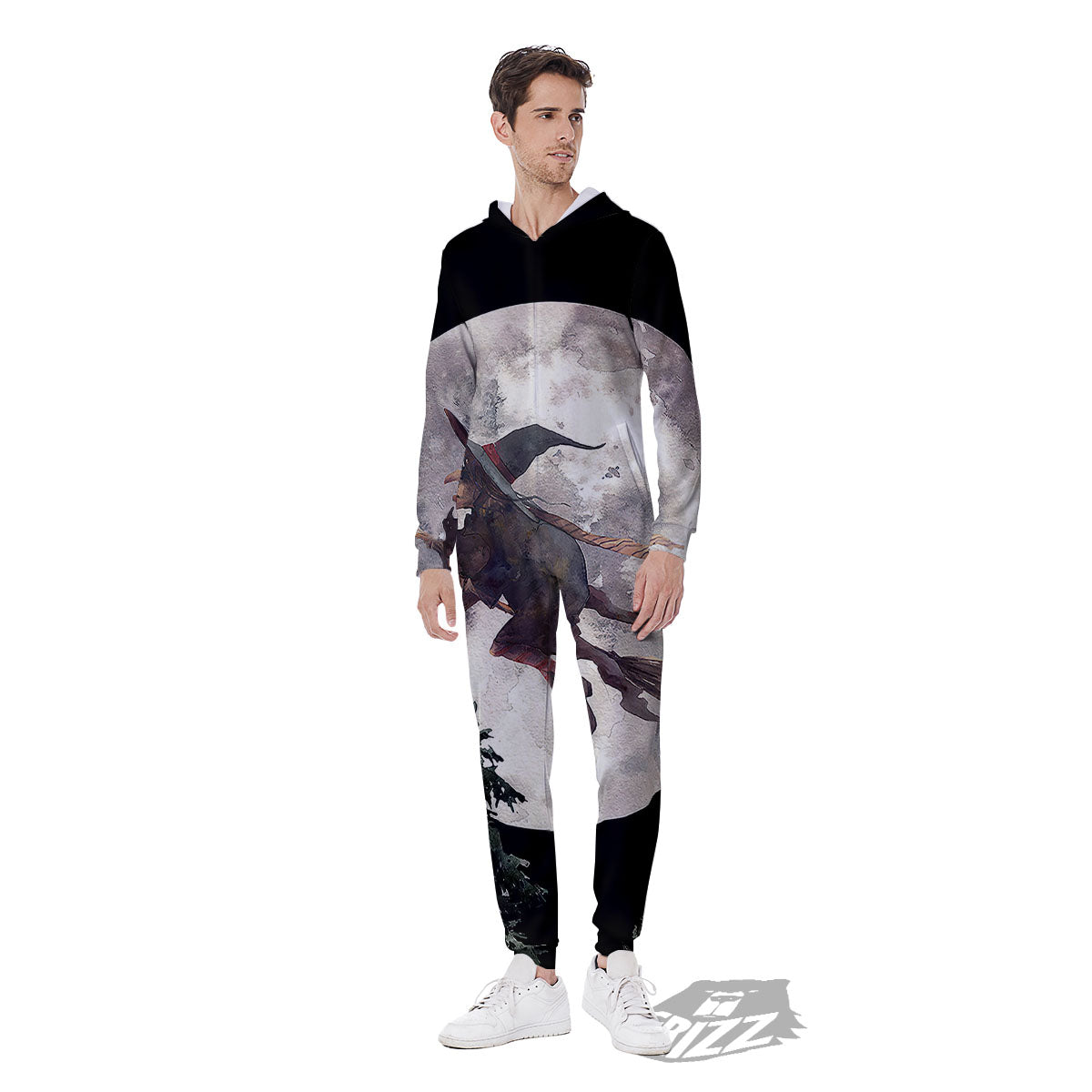 Flying Witch Halloween Full Moon Print Men's Jumpsuit-grizzshop