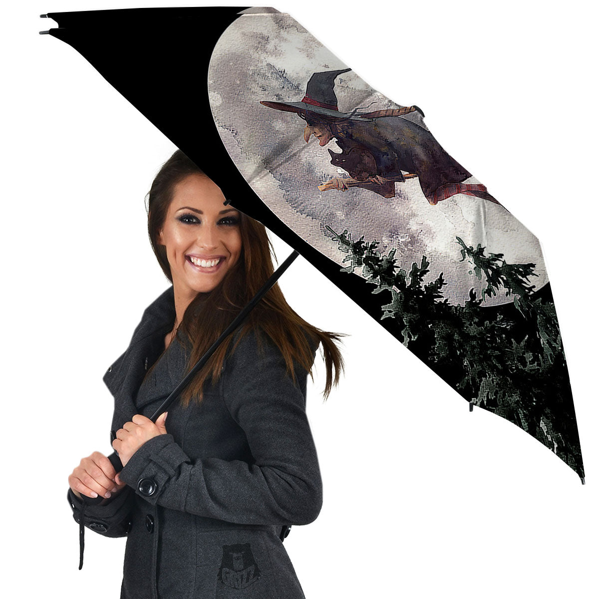 Flying Witch Halloween Full Moon Print Umbrella-grizzshop