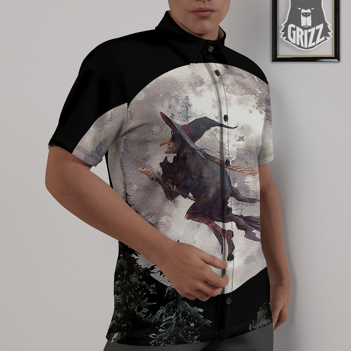 Flying Witch Halloween Full Moon Print Untucked Shirts-grizzshop