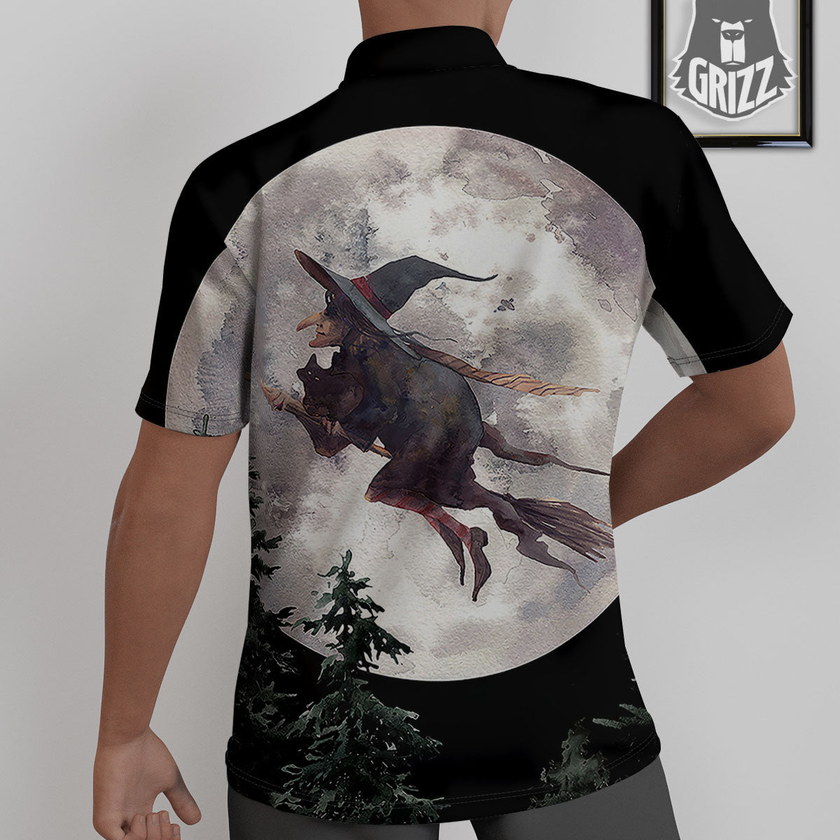 Flying Witch Halloween Full Moon Print Untucked Shirts-grizzshop