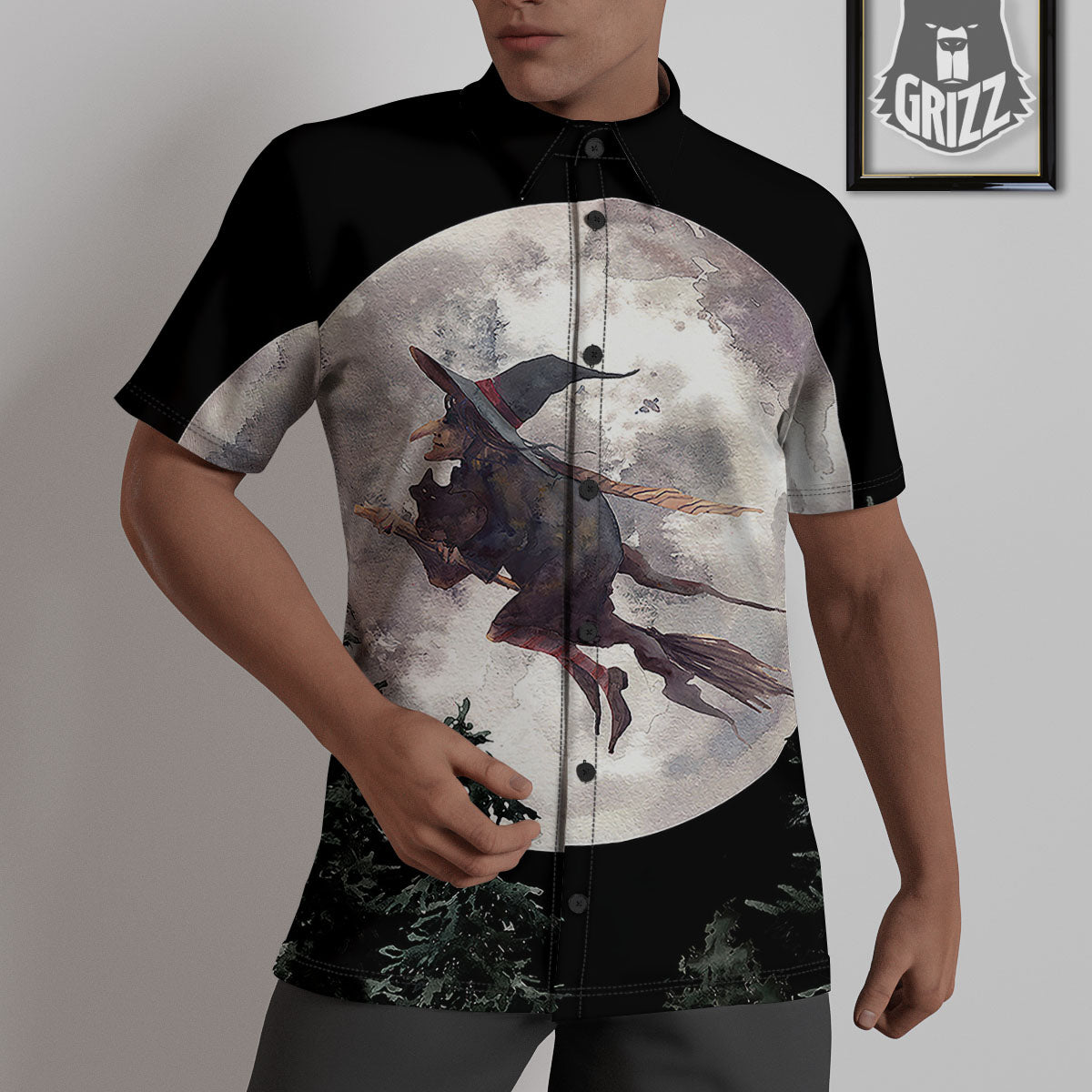 Flying Witch Halloween Full Moon Print Untucked Shirts-grizzshop
