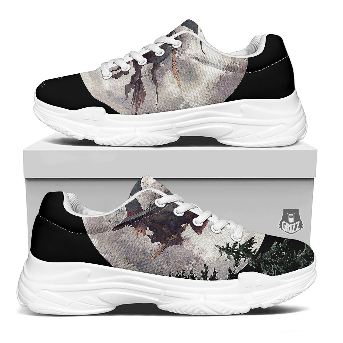 Flying Witch Halloween Full Moon Print White Chunky Shoes-grizzshop