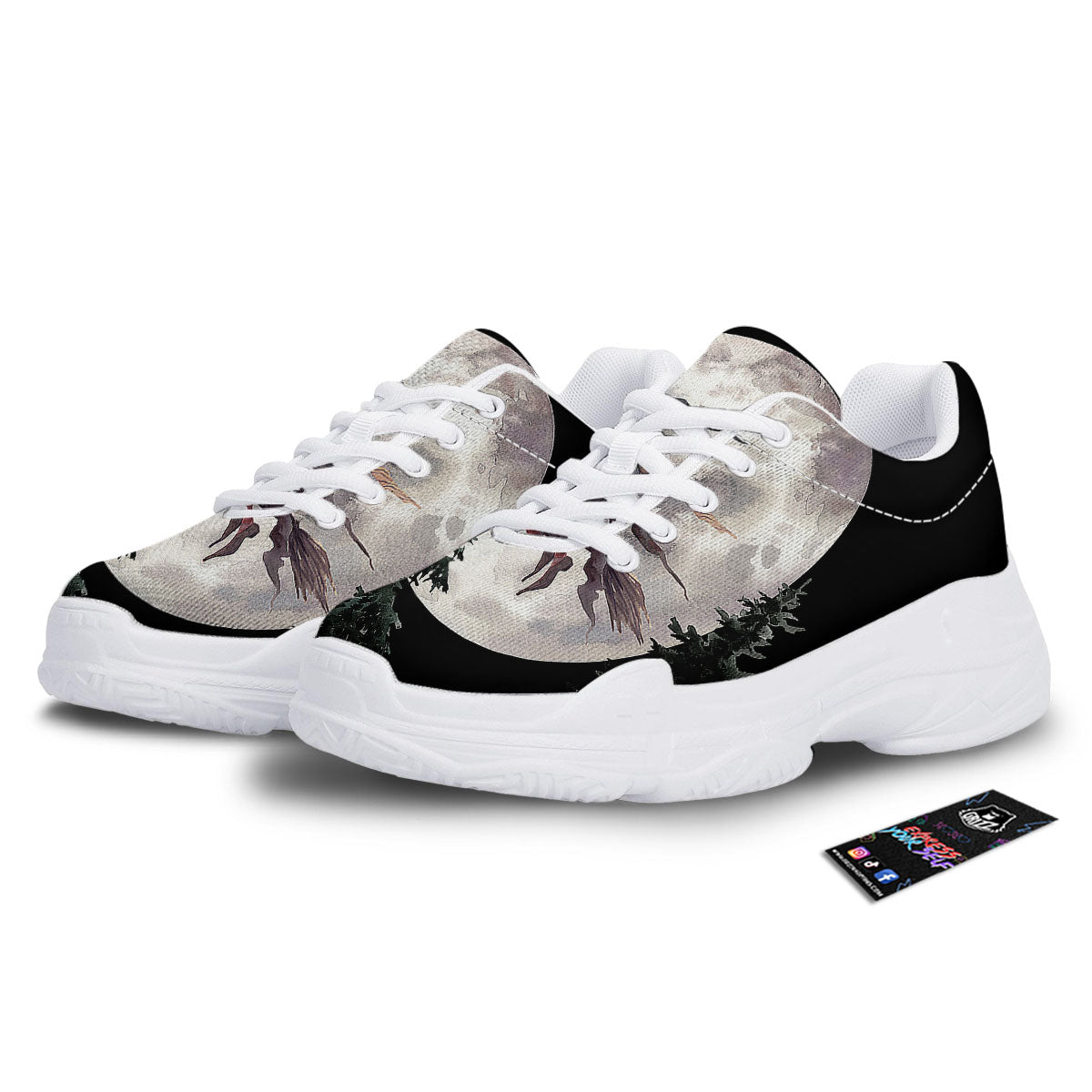 Flying Witch Halloween Full Moon Print White Chunky Shoes-grizzshop