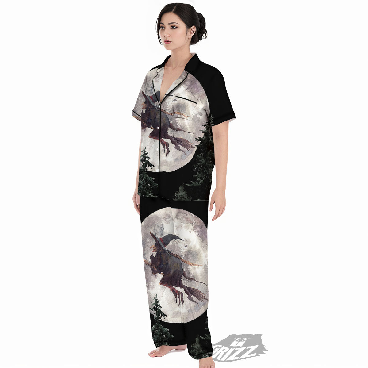 Flying Witch Halloween Full Moon Print Women's Pajamas Set-grizzshop