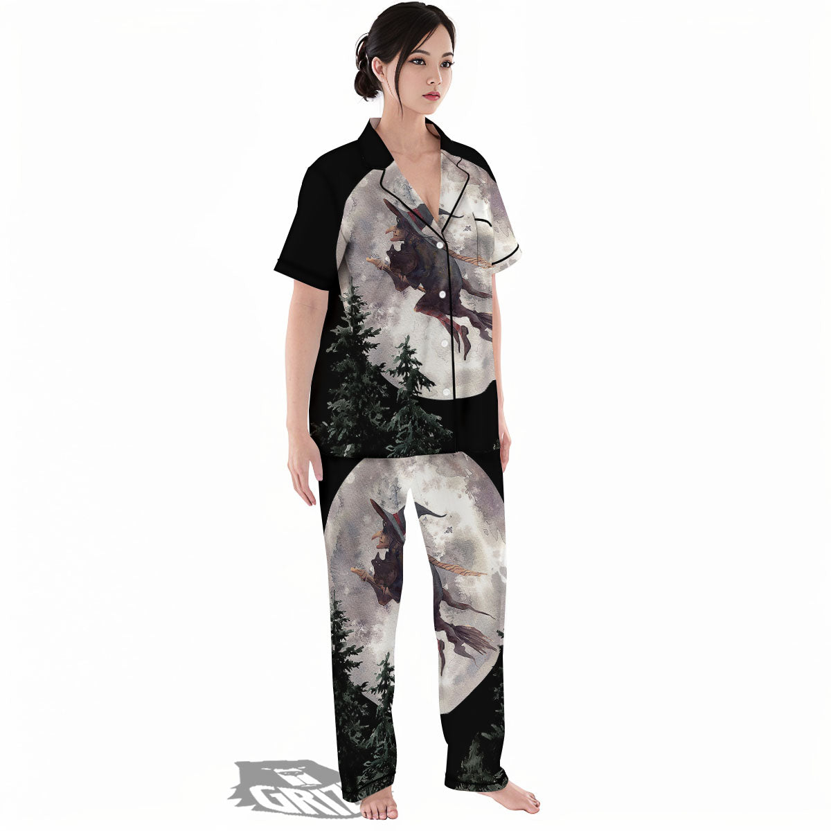 Flying Witch Halloween Full Moon Print Women's Pajamas Set-grizzshop