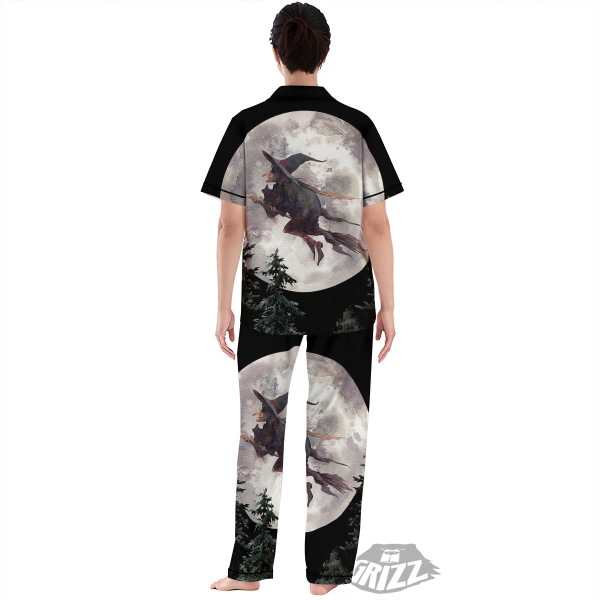 Flying Witch Halloween Full Moon Print Women's Pajamas Set-grizzshop