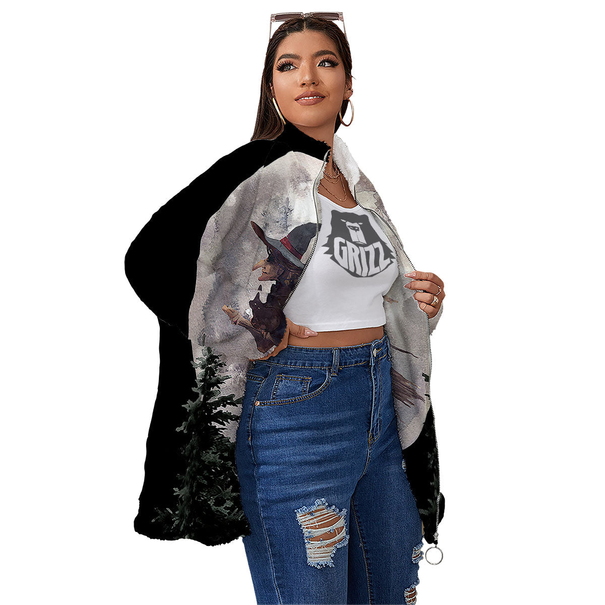 Flying Witch Halloween Full Moon Print Women's Sherpa Jacket-grizzshop