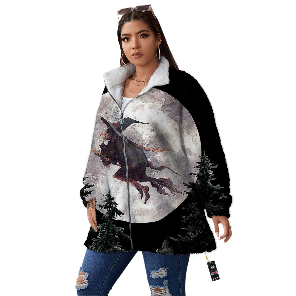 Flying Witch Halloween Full Moon Print Women's Sherpa Jacket-grizzshop