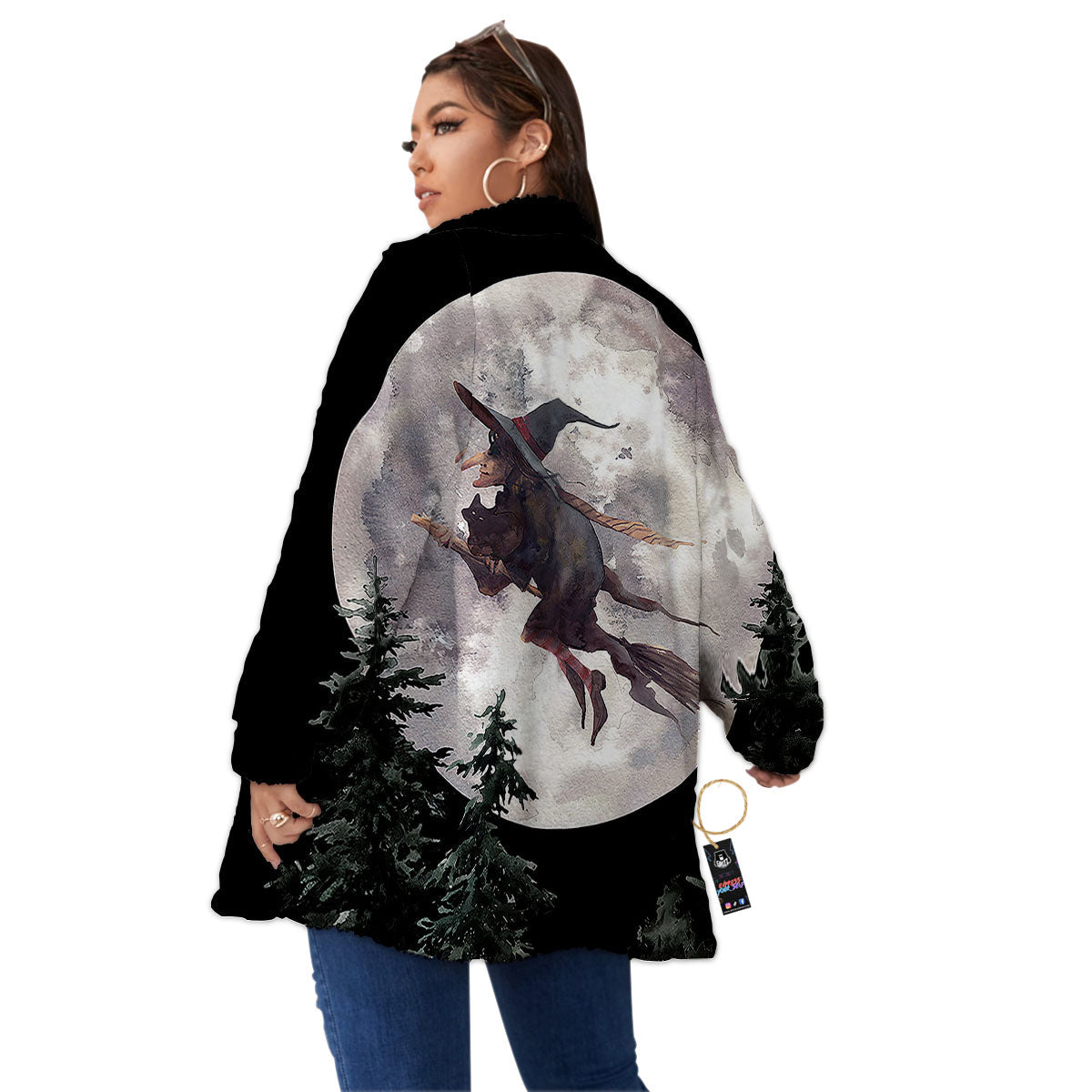 Flying Witch Halloween Full Moon Print Women's Sherpa Jacket-grizzshop