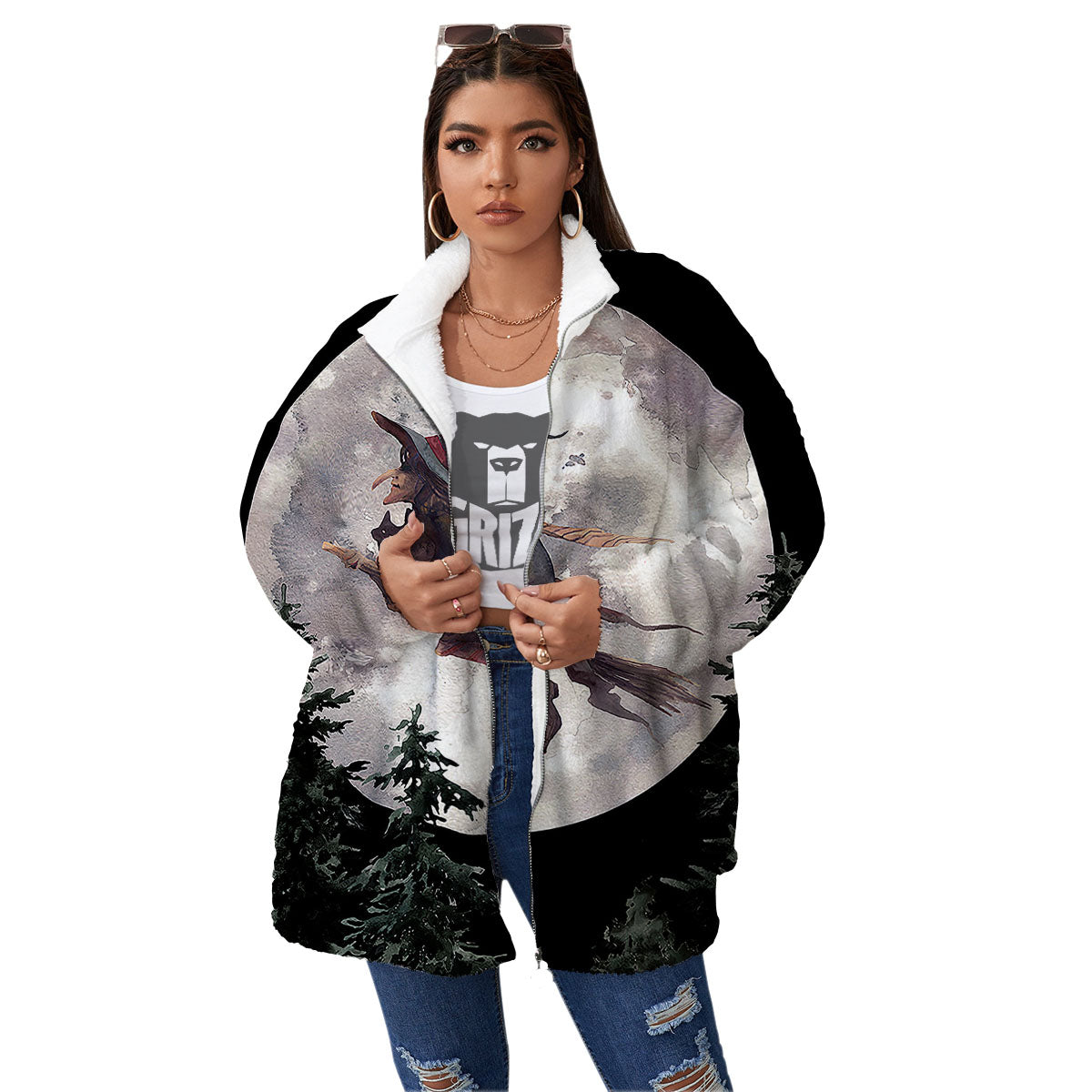 Flying Witch Halloween Full Moon Print Women's Sherpa Jacket-grizzshop