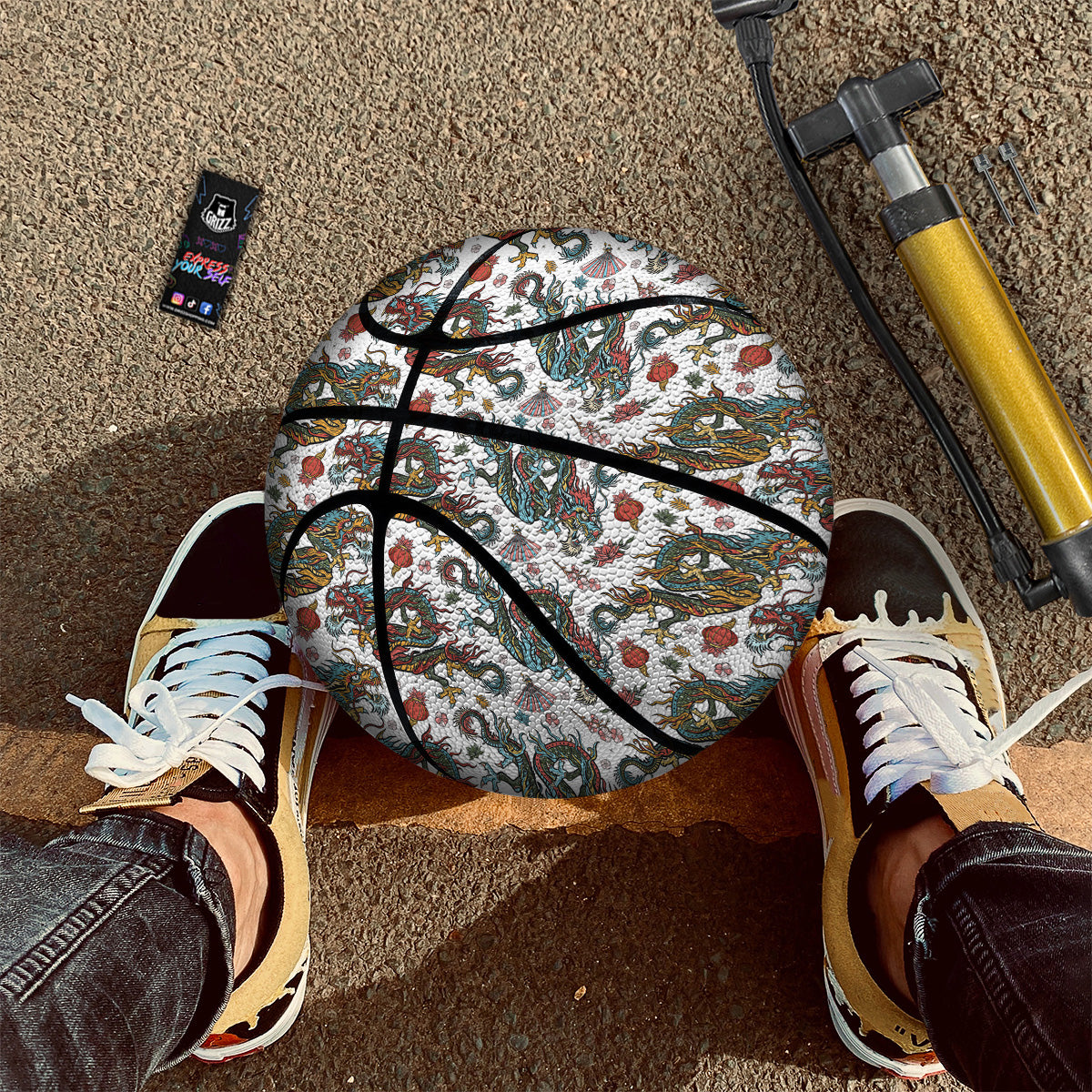 Flying Chinese Dragons Tattoo Print Pattern Basketball