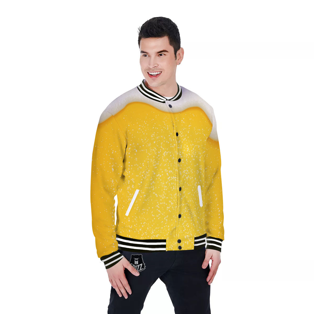 Foam And Beer Print Baseball Jacket-grizzshop