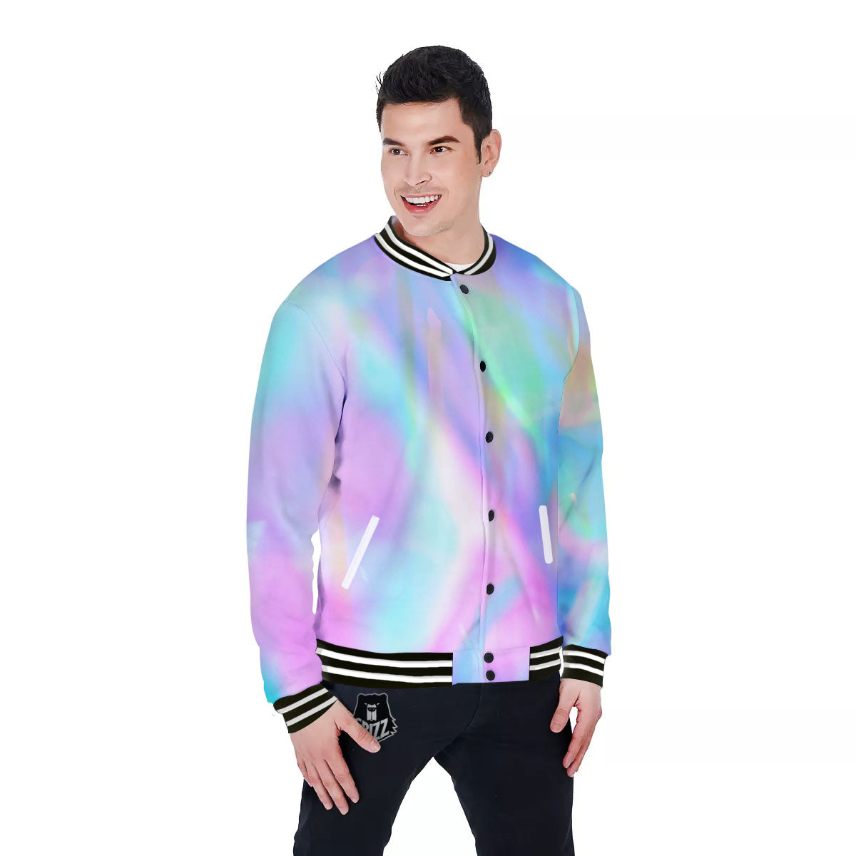 Foil Holographic Print Baseball Jacket-grizzshop