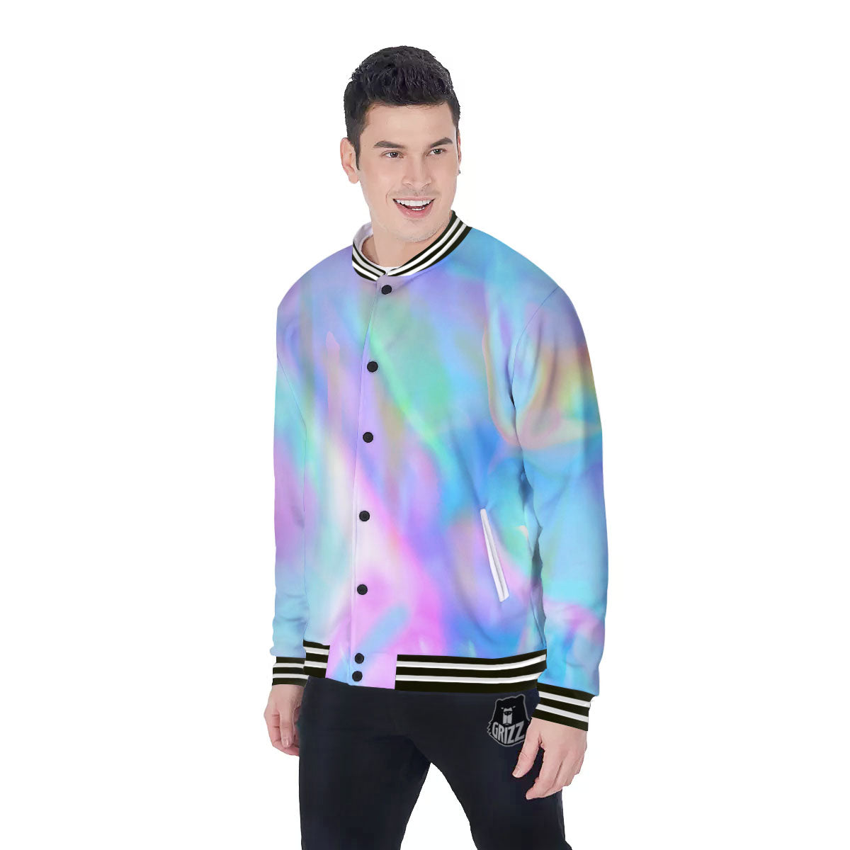 Foil Holographic Print Baseball Jacket-grizzshop