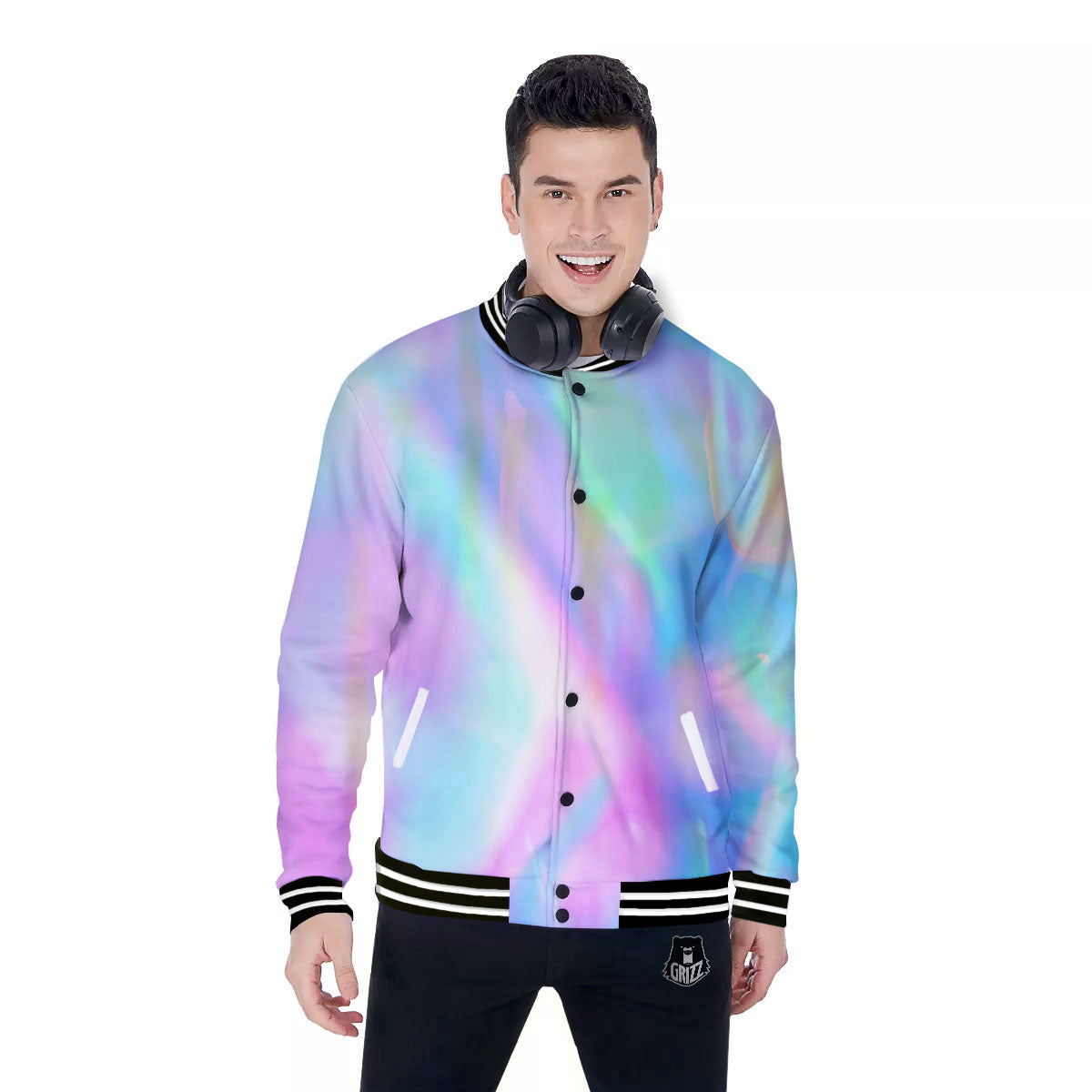 Foil Holographic Print Baseball Jacket-grizzshop