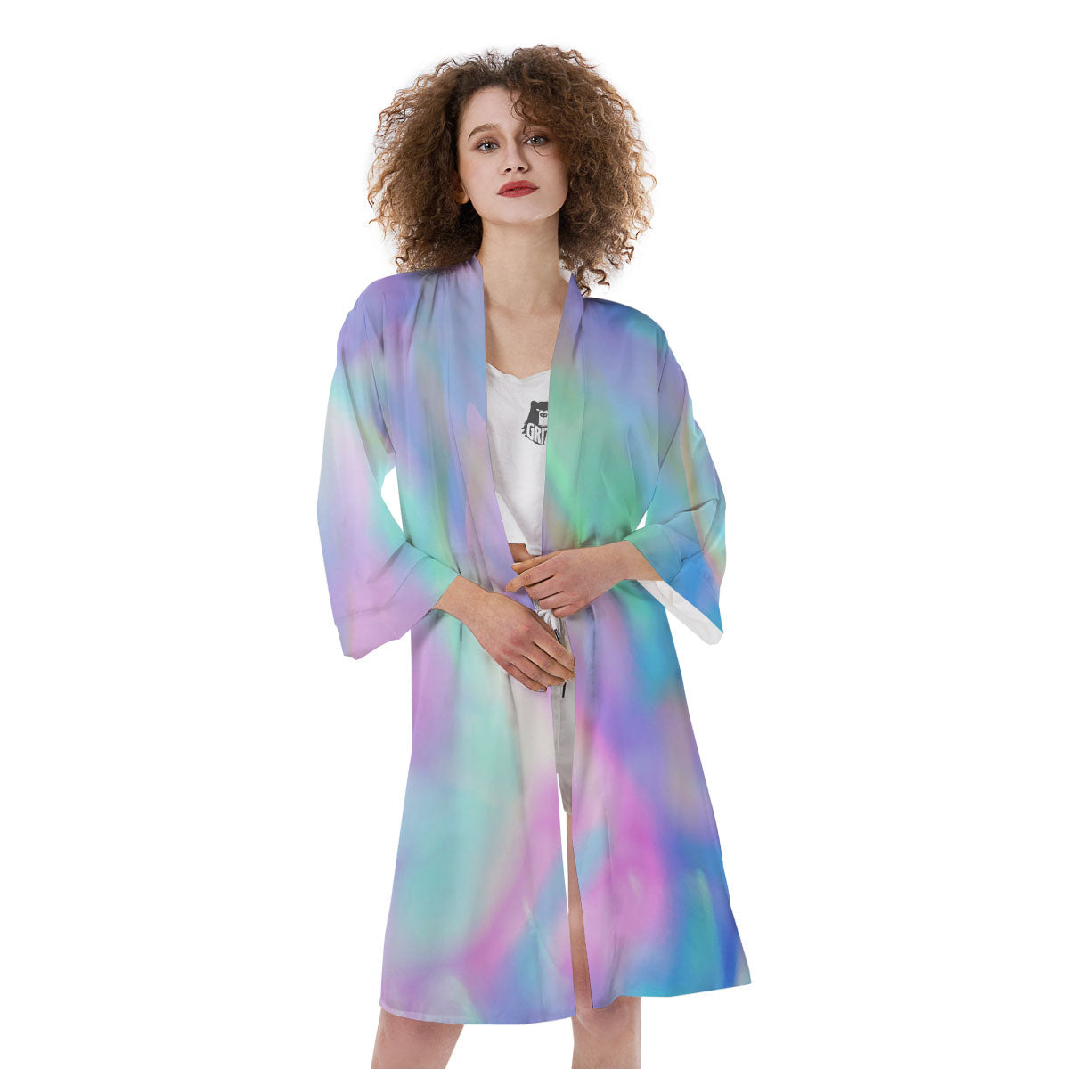 Foil Holographic Print Kimono-grizzshop