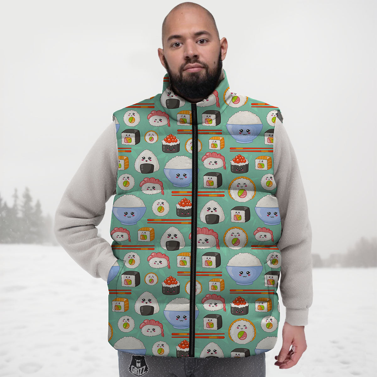 Food Japanese Print Pattern Down Vest