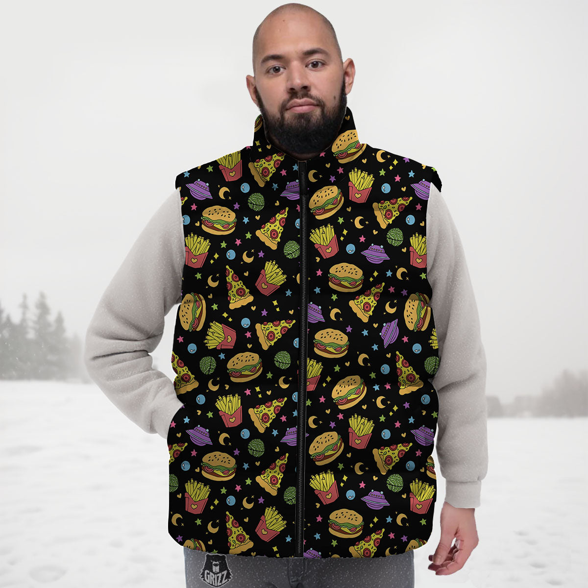 Food Planets Print Pattern Down Vest-grizzshop