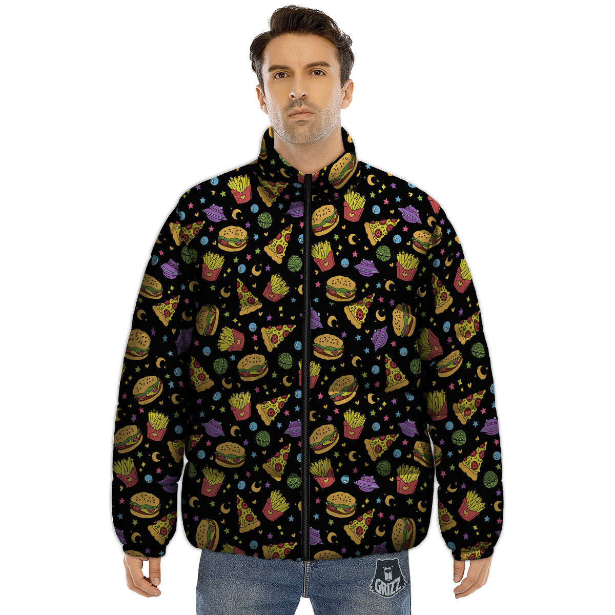 Food Planets Print Pattern Puffer Jacket-grizzshop