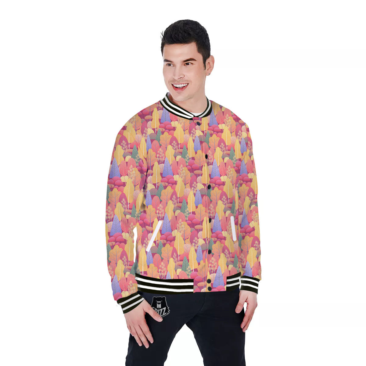 Forest Autumn Print Baseball Jacket-grizzshop