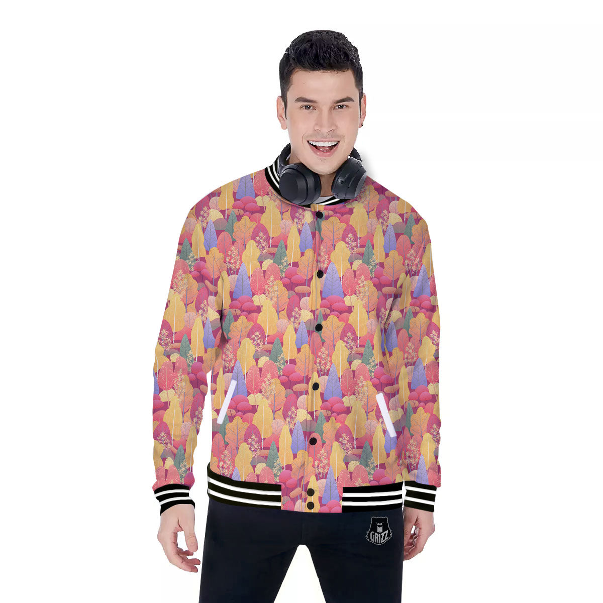 Forest Autumn Print Baseball Jacket-grizzshop