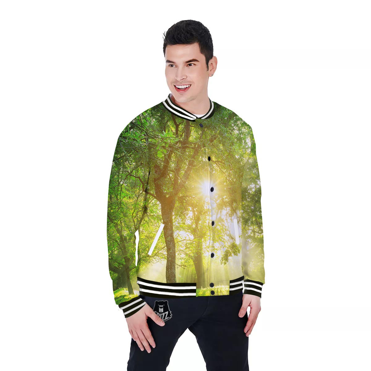Forest Sunrise Print Baseball Jacket-grizzshop
