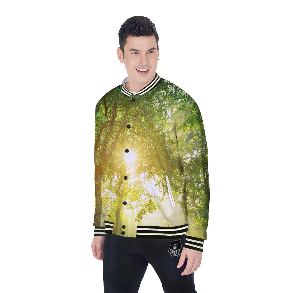 Forest Sunrise Print Baseball Jacket-grizzshop